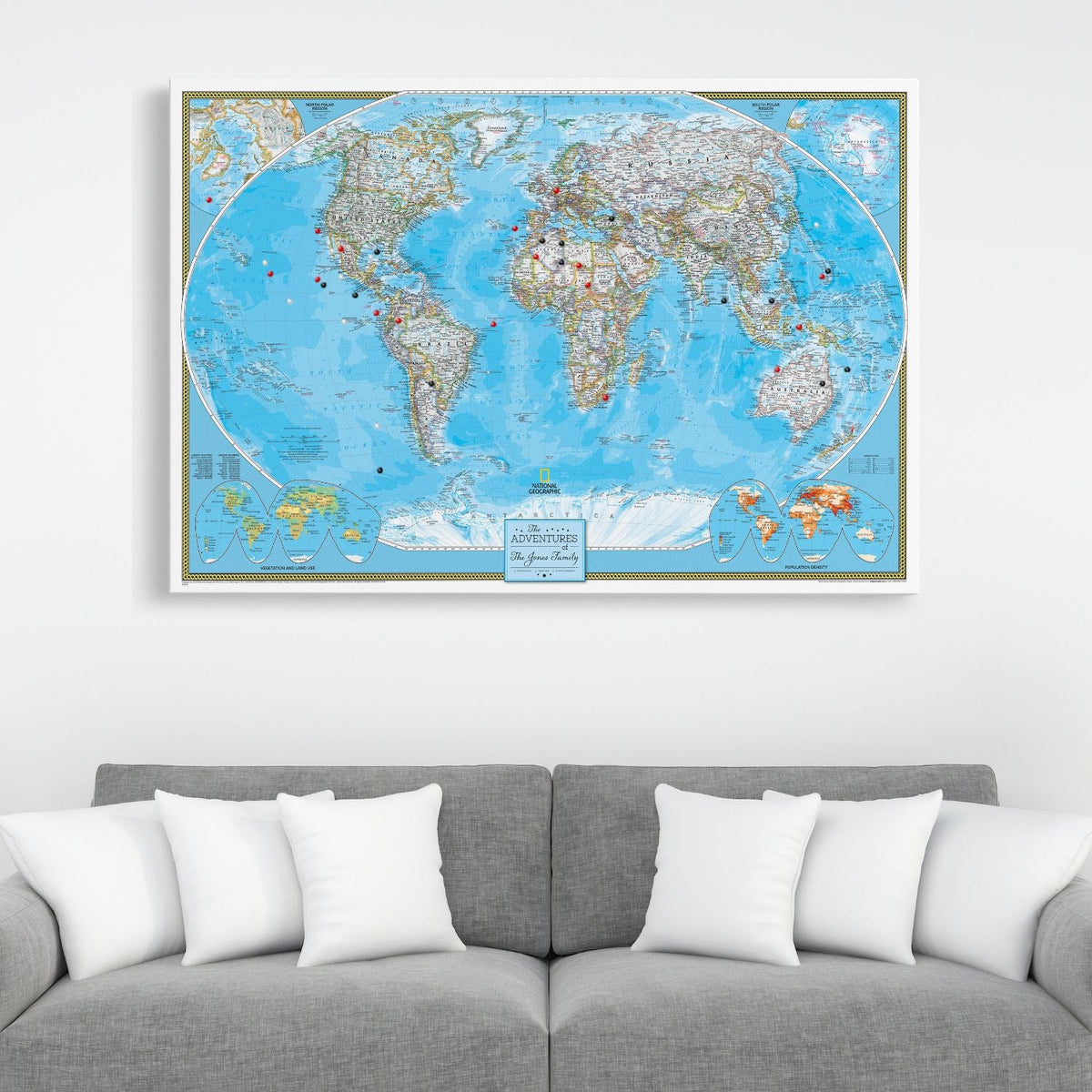 Classic World Travel Map | Gallery Wrap Print | Push Pin Travel Maps