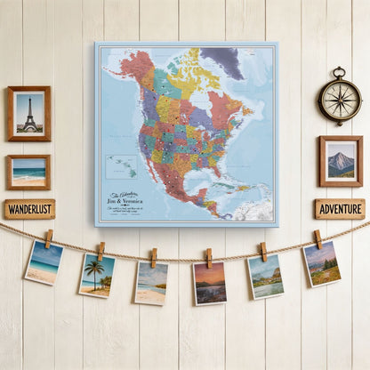 Gallery Wrapped - Blue Oceans North America Travel Map with pins