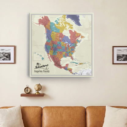 Gallery Wrapped - Tan Oceans North America Travel Map with Pins