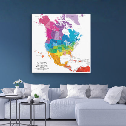 Gallery Wrapped - Colorful North America Travel Map with pins