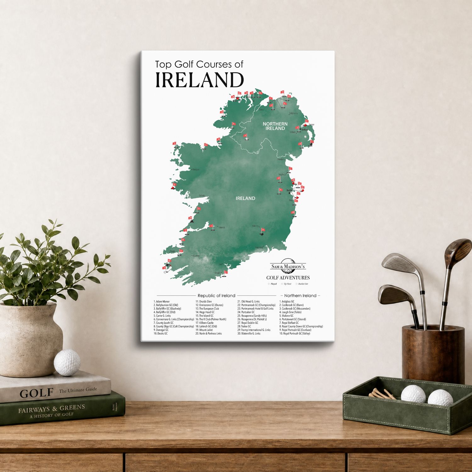 Gallery Wrapped - Ireland Golf Courses Travel Map with Pins