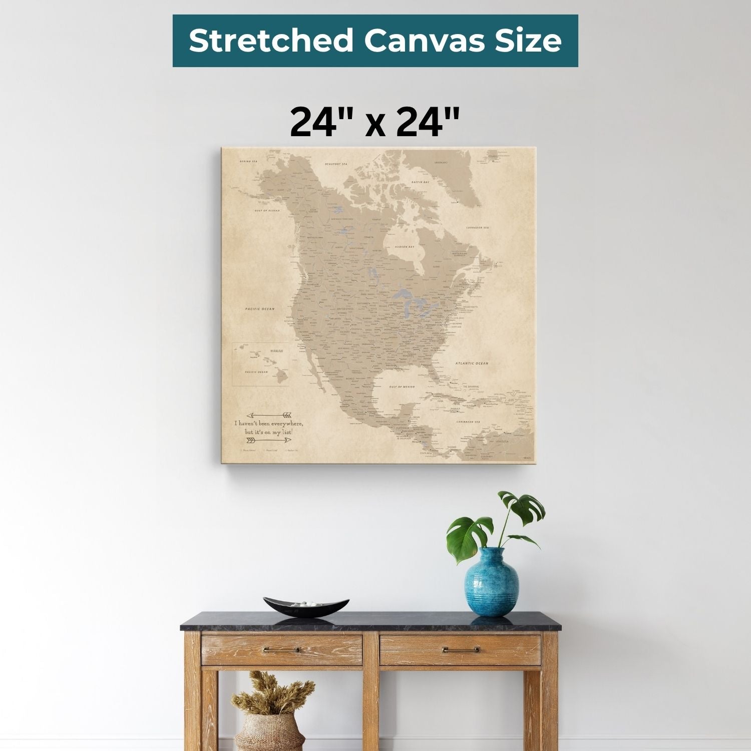 24x24 inch vintage North America travel map canvas displayed above rustic wooden console table