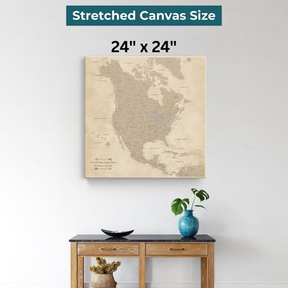 24x24 inch vintage North America travel map canvas displayed above rustic wooden console table