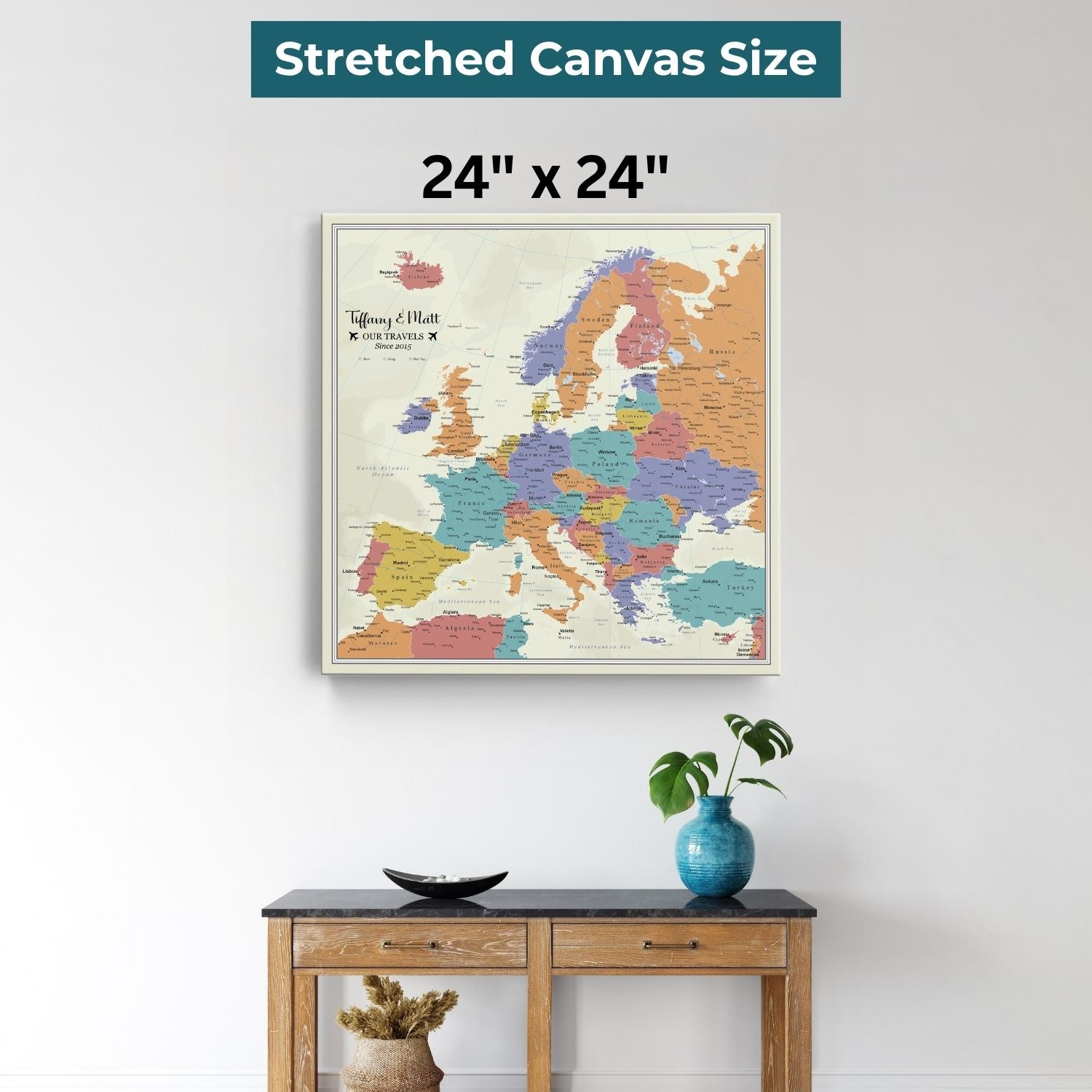 Gallery Wrapped - Tan Oceans Europe Travel Map with Pins - Square Style