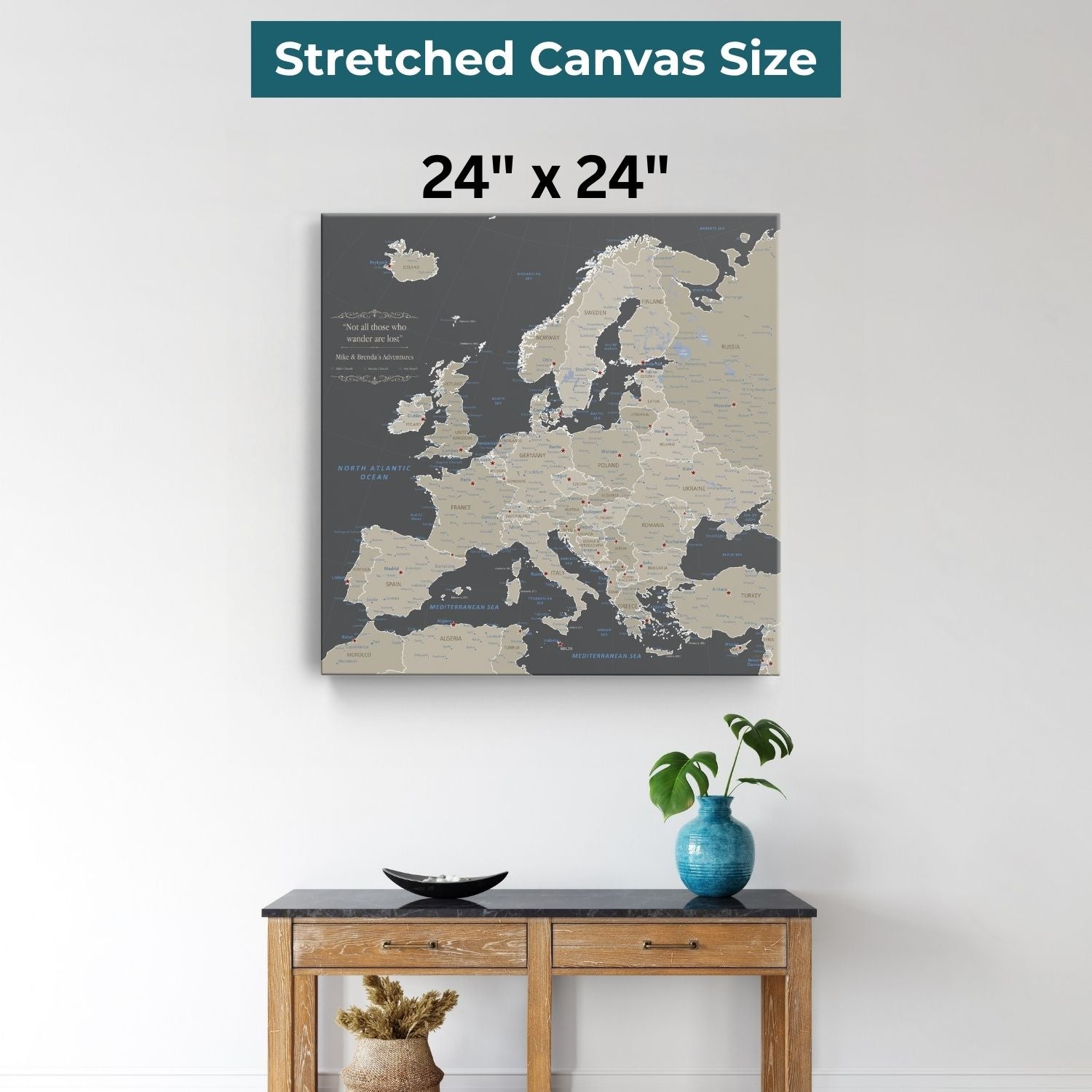 Gallery Wrapped - Earth Toned Europe Travel Map with Pins - Square Style