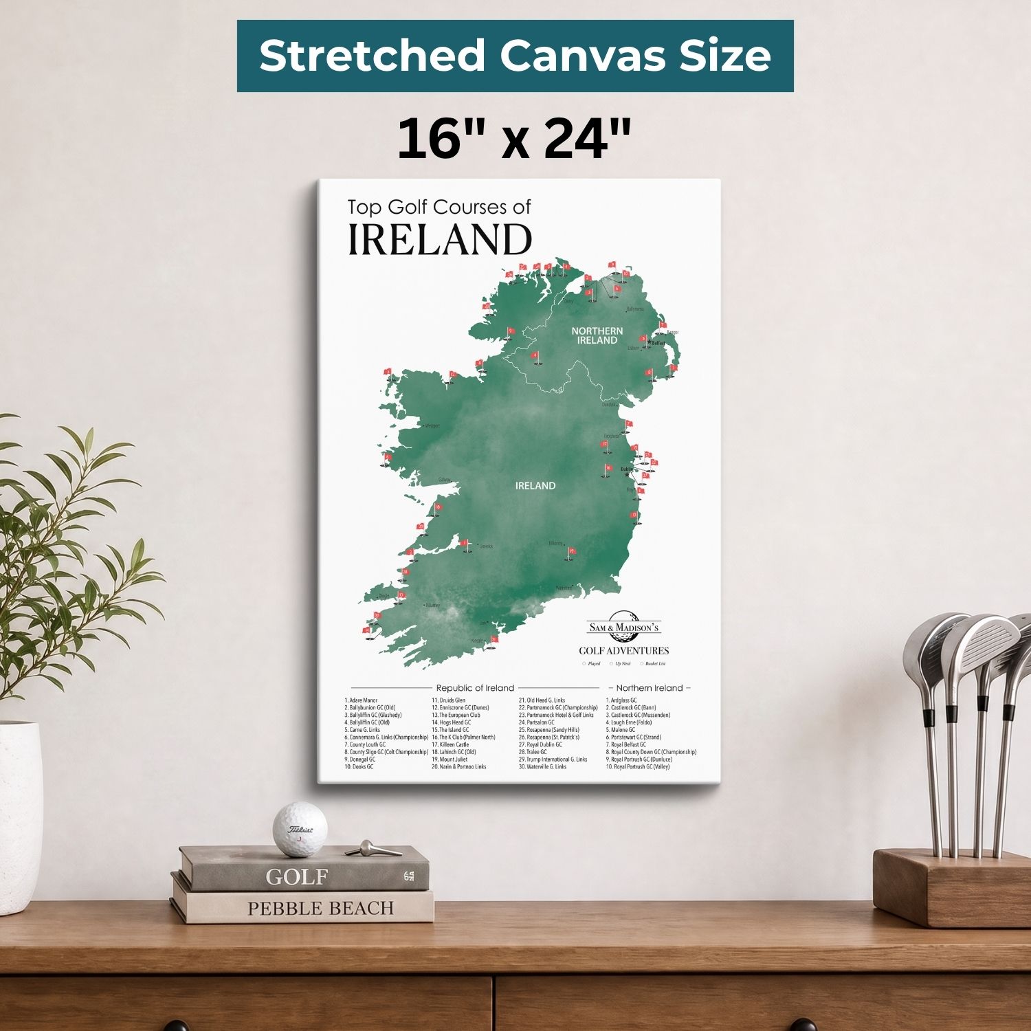 Gallery Wrapped - Ireland Golf Courses Travel Map with Pins