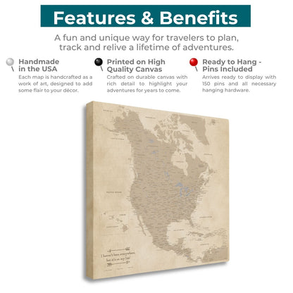 Vintage North America canvas push pin travel map features and benefits infographic angled view