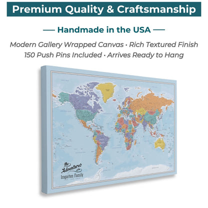 Gallery Wrapped - Blue Oceans World Travel Map with pins