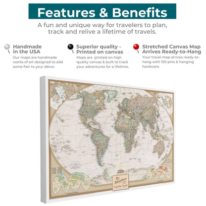 Gallery Wrapped - Executive World Travel Map with pins