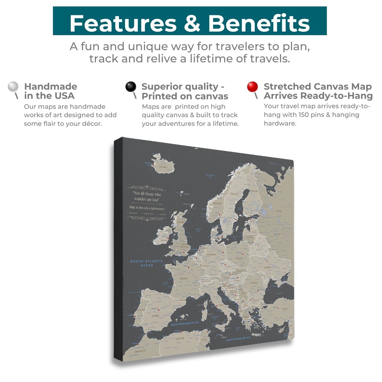 Gallery Wrapped - Earth Toned Europe Travel Map with Pins - Square Style