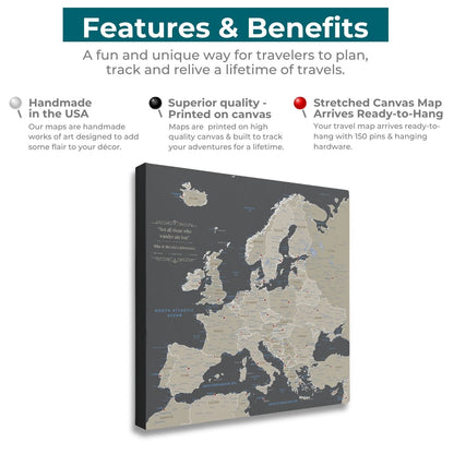 Gallery Wrapped - Earth Toned Europe Travel Map with Pins - Square Style