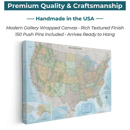 Gallery Wrapped - Signature USA Travel Map with pins - Stretched Canvas