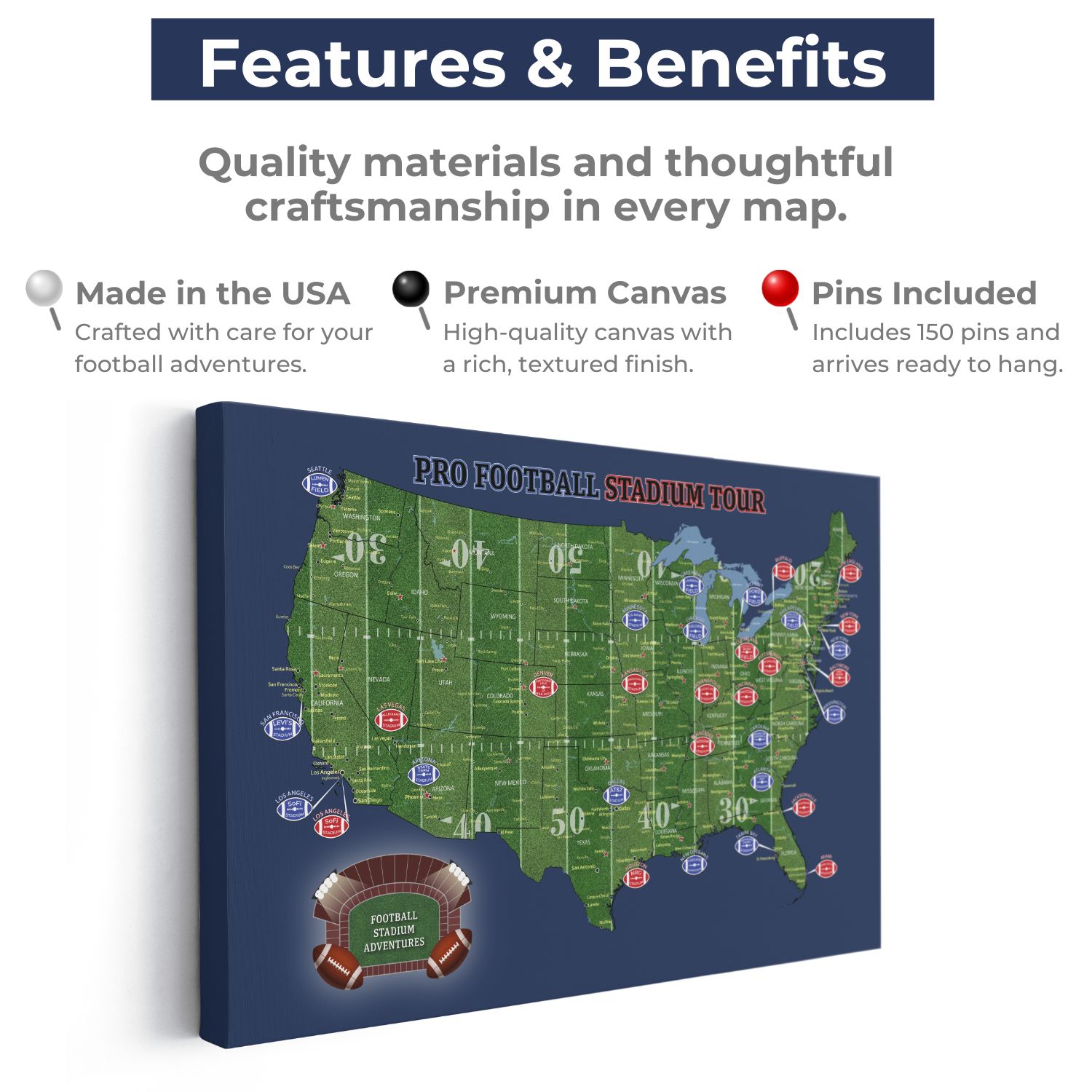 Gallery Wrapped - Football Stadium Map with Pins