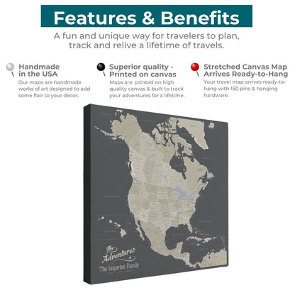 Personalized earth toned North America travel map on gallery wrapped canvas with push pins ready to hang