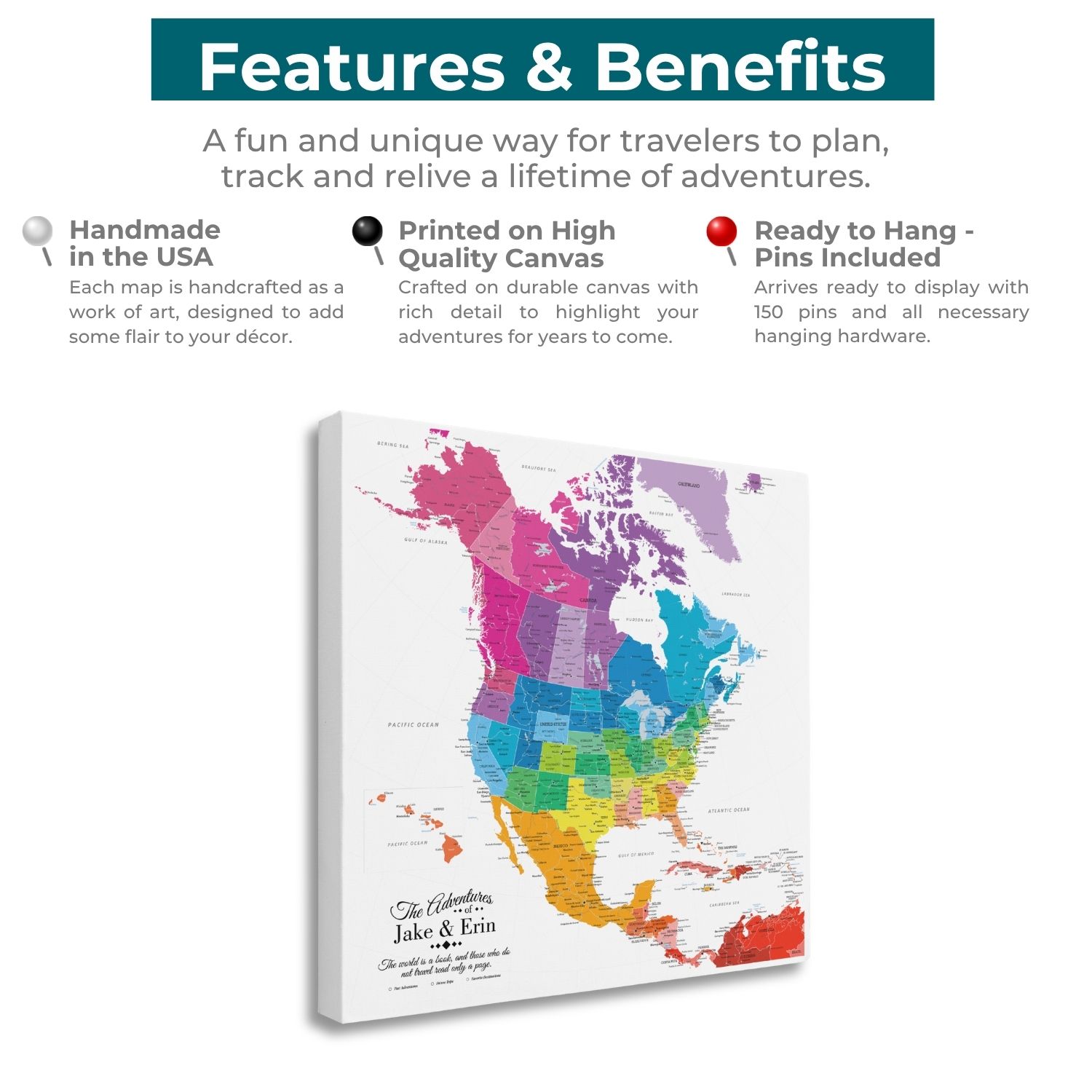 Gallery Wrapped - Colorful North America Travel Map with pins