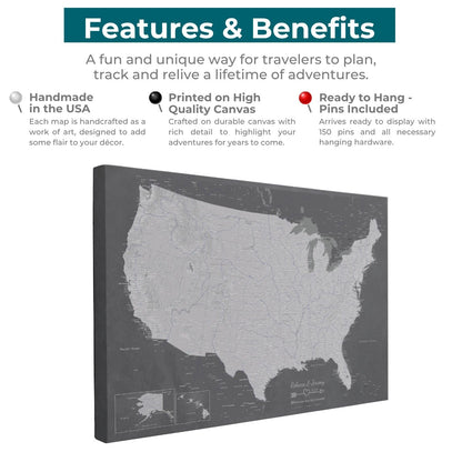 Stormy Dreams USA travel map canvas features benefits infographic with grey pin board wall art