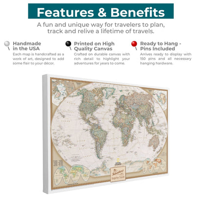 Executive World Travel Map canvas gallery wrapped with antique-style National Geographic pin board design, angled view showing thick white frame and features callouts overhead