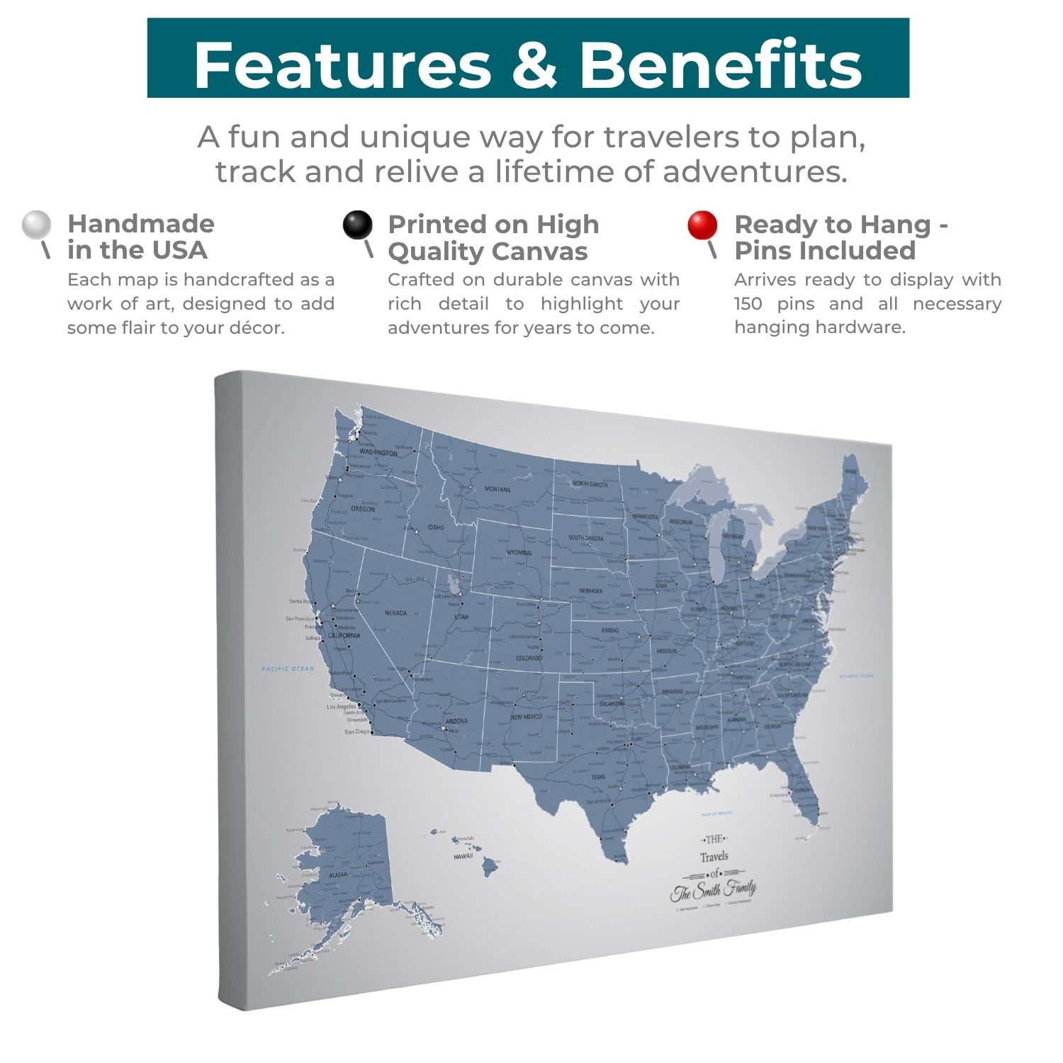 Blue Ice USA Map | Blue US Travelers Map | Blue Push Pin Travel