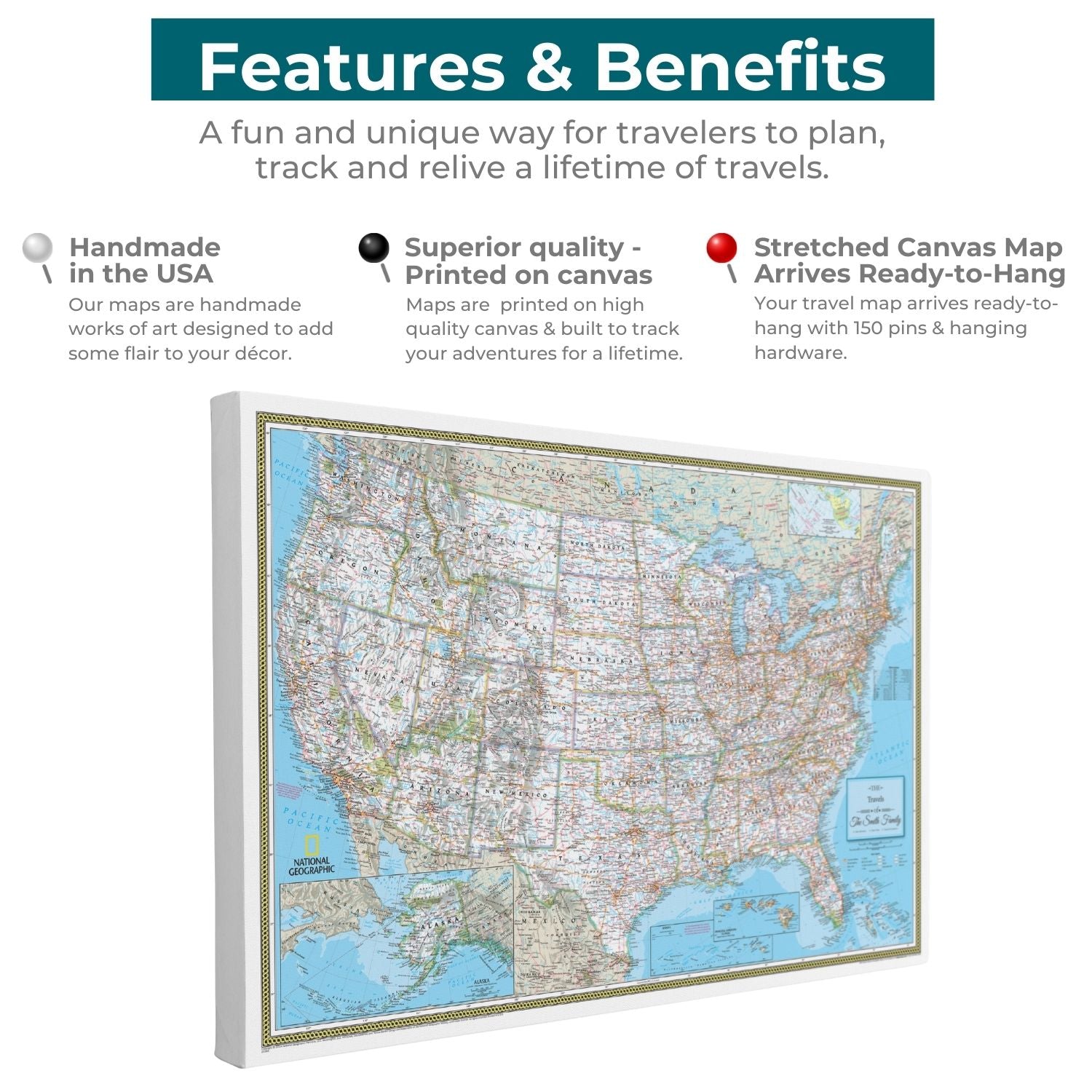 Gallery Wrapped - Classic USA Travel Map with pins