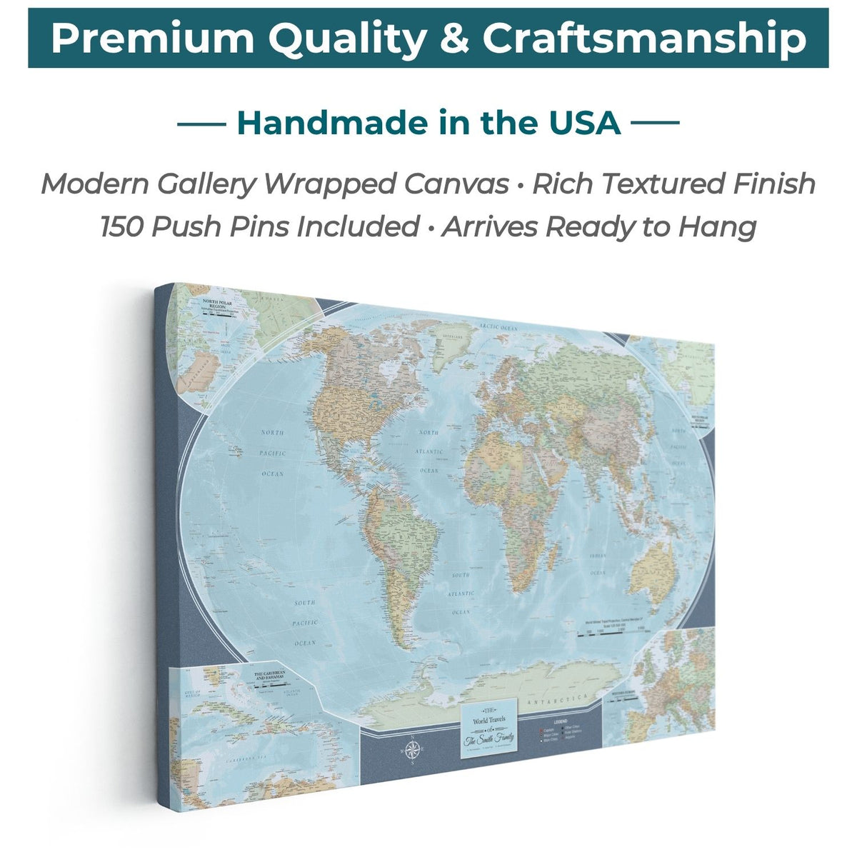 Gallery Wrapped - Signature World Travel Map with pins - Stretched Canvas