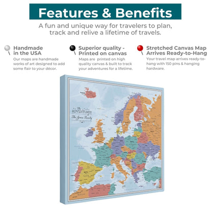Personalized blue oceans Europe push pin travel map on gallery wrapped canvas with colorful countries