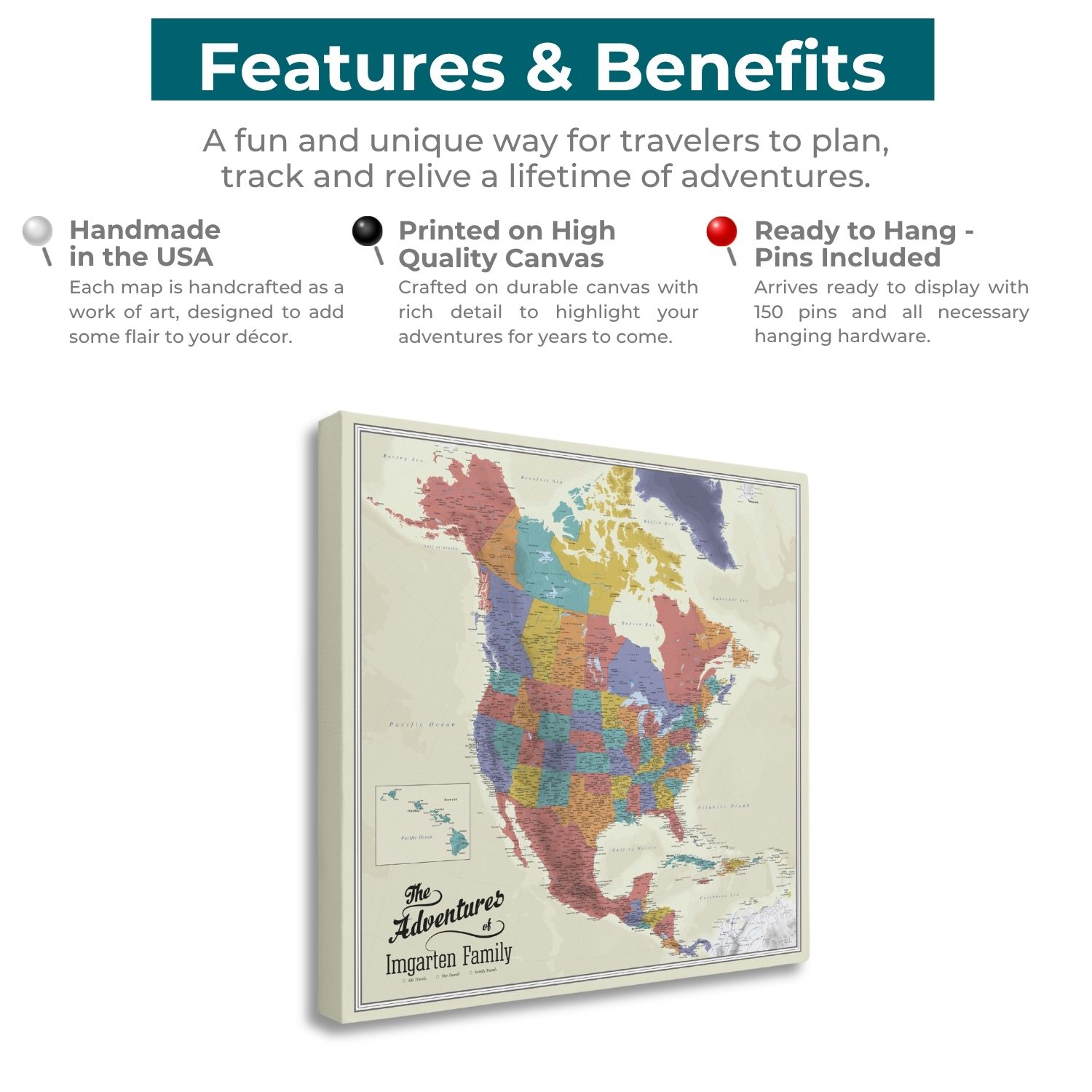 Gallery Wrapped - Tan Oceans North America Travel Map with Pins
