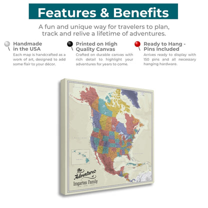 Gallery Wrapped - Tan Oceans North America Travel Map with Pins