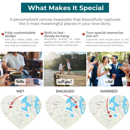 Puzzle Piece Heart Map Art | Personalized Couple Gift | Option 5