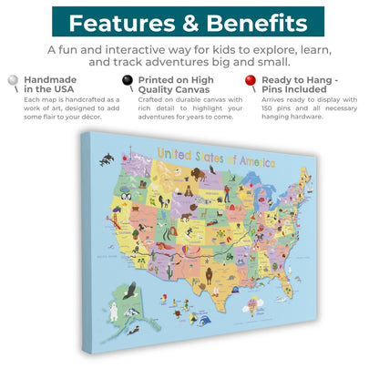 Gallery Wrapped - Kids USA Travel Map with pins