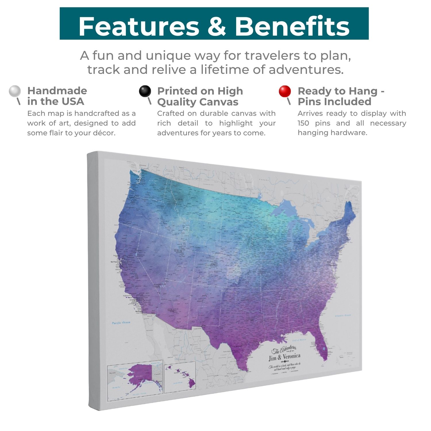 Vibrant Violet Watercolor USA push pin map canvas features and benefits infographic display