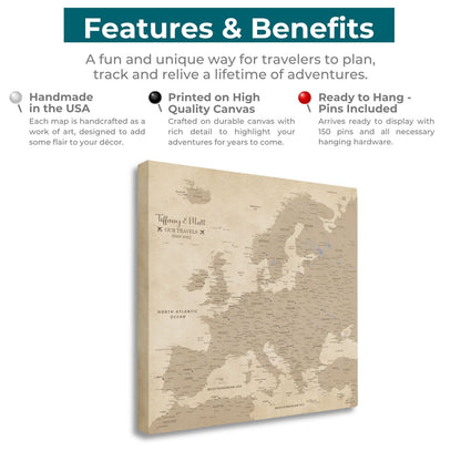 Gallery Wrapped - Vintage Europe Travel Map with Pins - Square Style