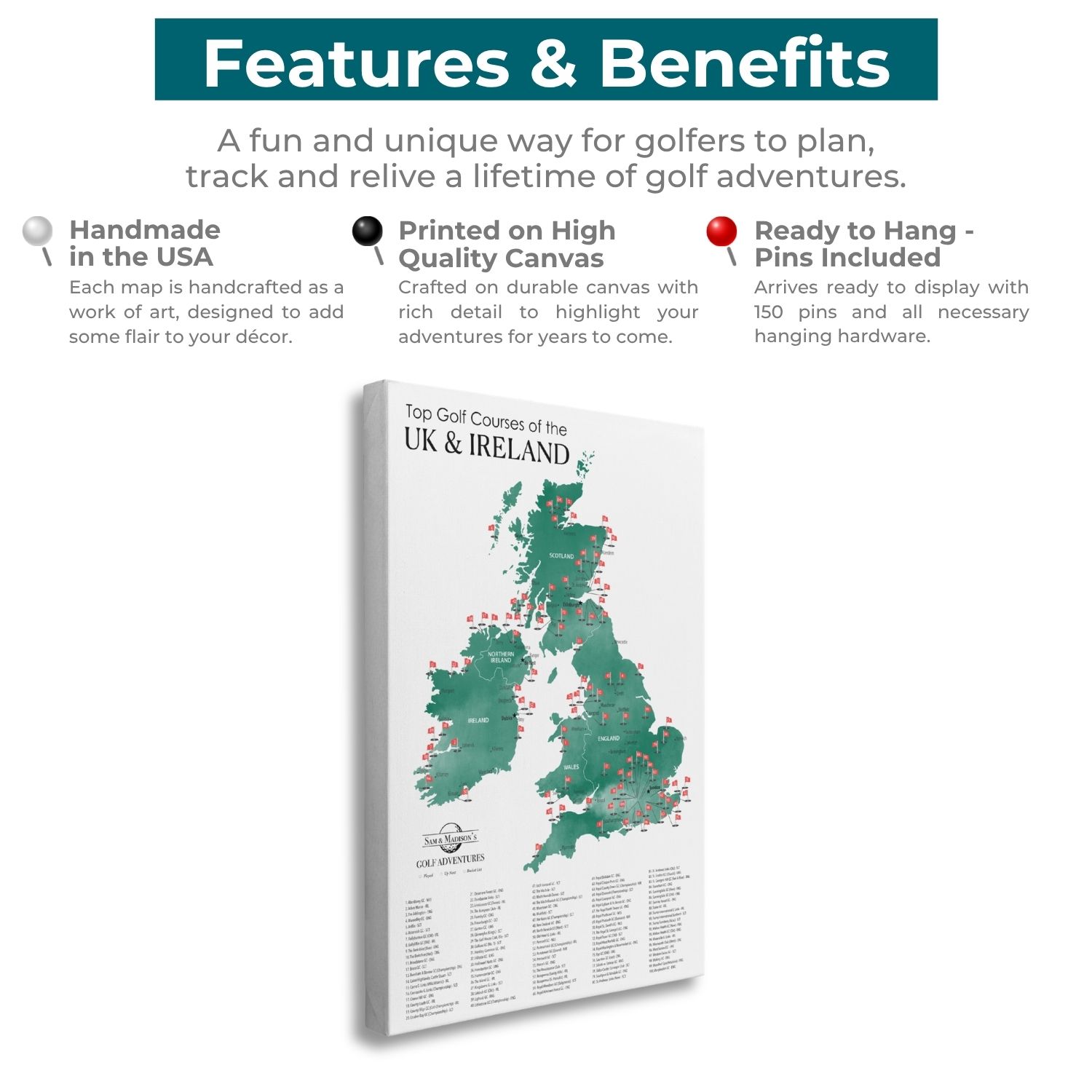 Gallery Wrapped - The UK and Ireland Golf Courses Travel Map with Pins