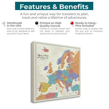 Gallery Wrapped - Tan Oceans Europe Travel Map with Pins - Square Style