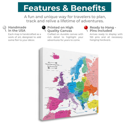 Gallery Wrapped - Colorful Europe Travel Map with Pins - Square