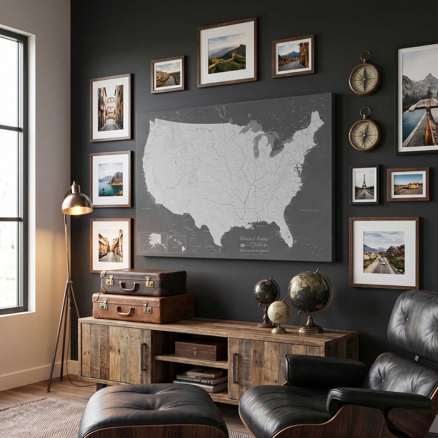 Stormy Dreams USA travel map canvas gallery wrap displayed in moody dark home office with vintage globes and travel photos