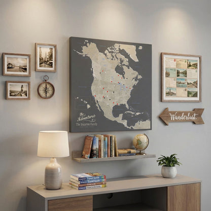 Personalized earth toned North America travel map with push pins displayed on gallery wall with travel decor