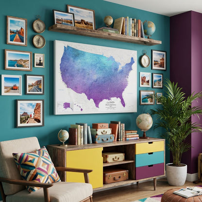 Vibrant violet watercolor USA push pin map displayed in colorful travel-themed living room with globes and framed photos
