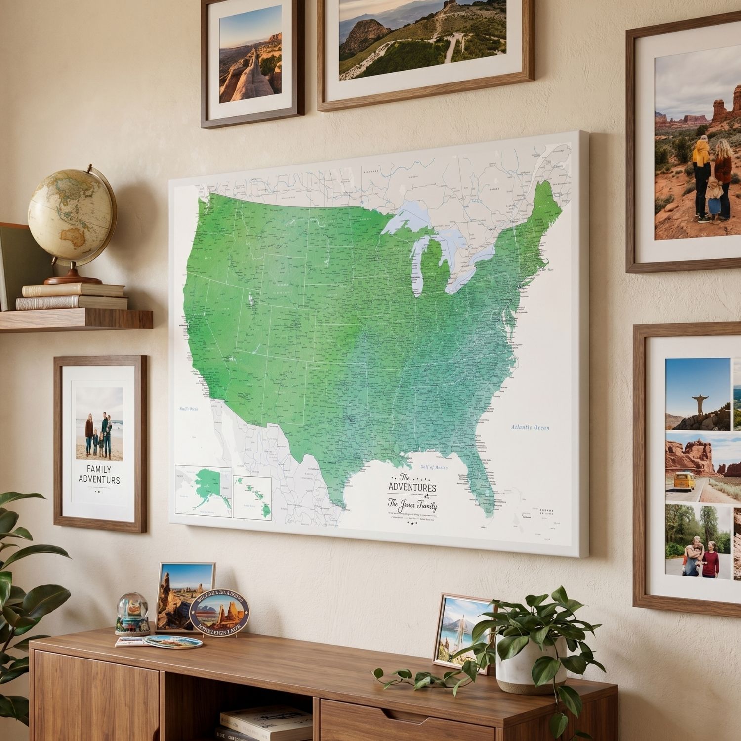 Gallery Wrapped - Enchanting Emerald Watercolor US Travel Map with pins