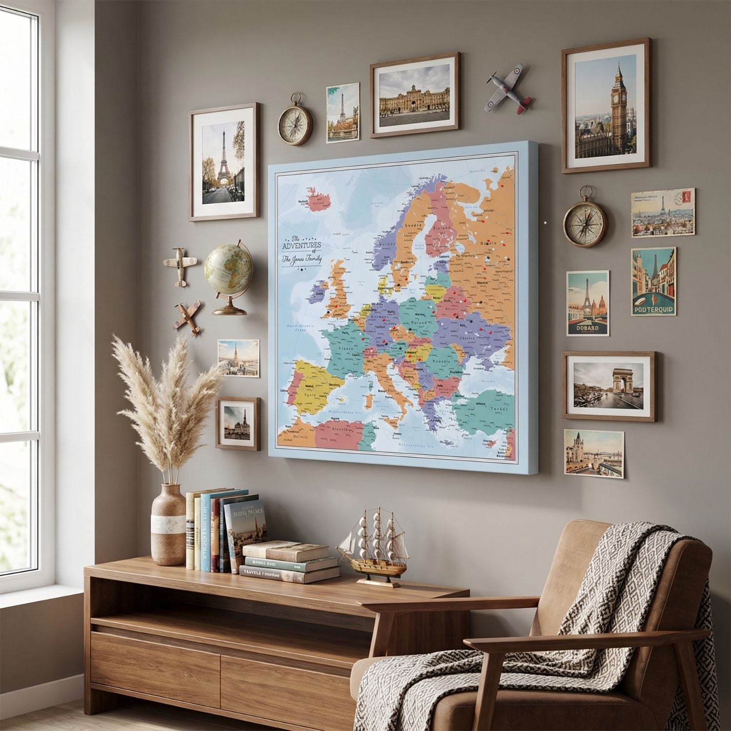 Personalized Blue Oceans Europe travel map with pins displayed gallery wrapped on travel-themed living room wall