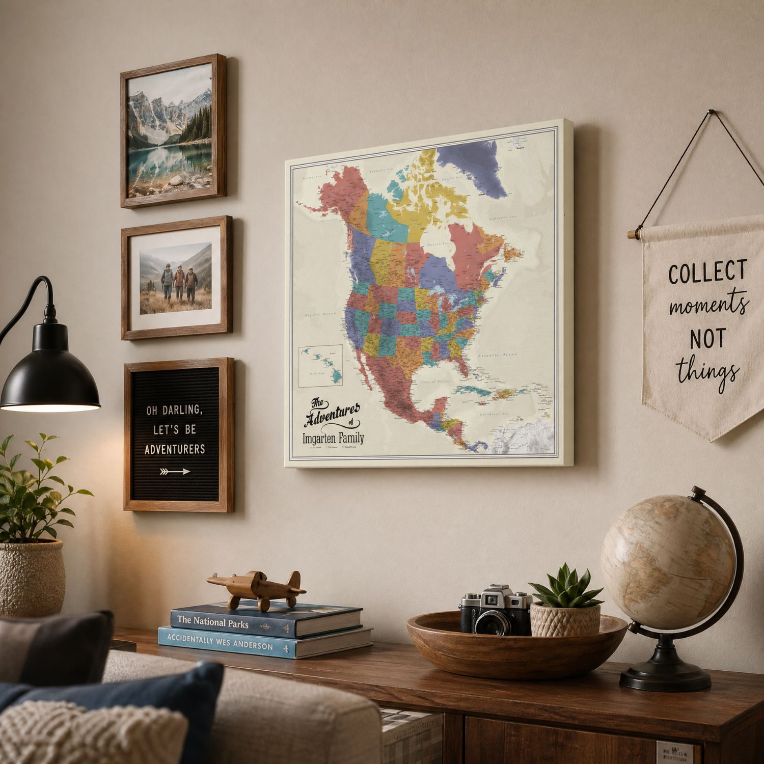 Gallery Wrapped - Tan Oceans North America Travel Map with Pins