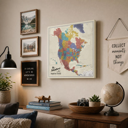 Gallery Wrapped - Tan Oceans North America Travel Map with Pins