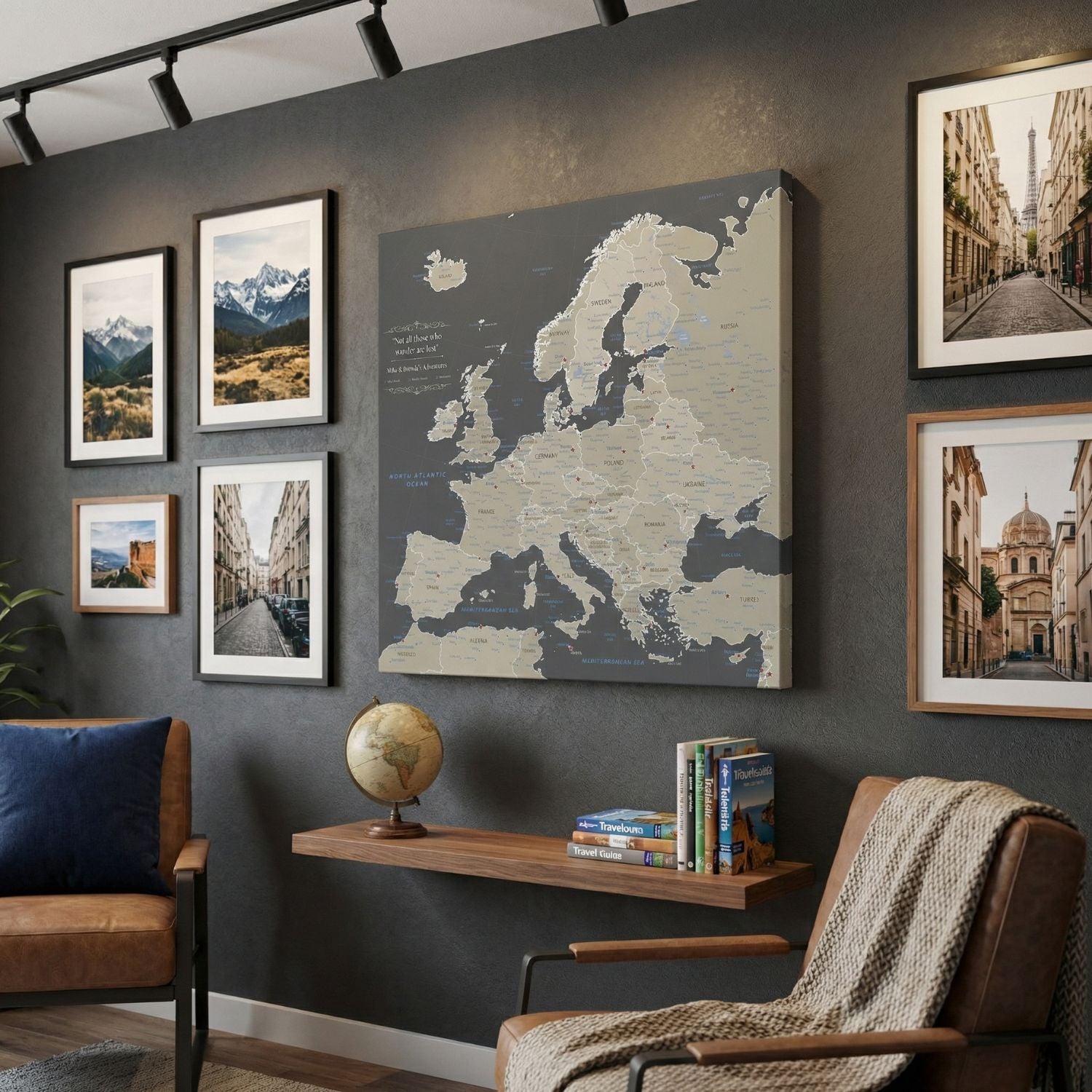 Gallery Wrapped - Earth Toned Europe Travel Map with Pins - Square Style