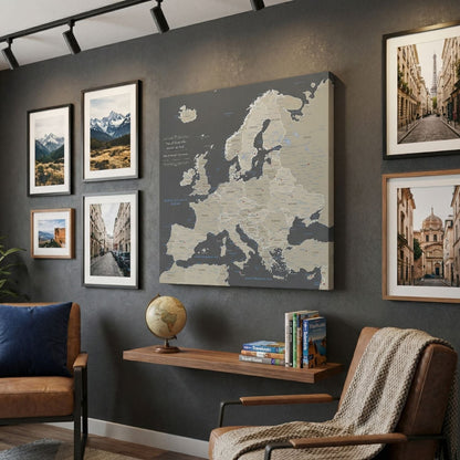Gallery Wrapped - Earth Toned Europe Travel Map with Pins - Square Style