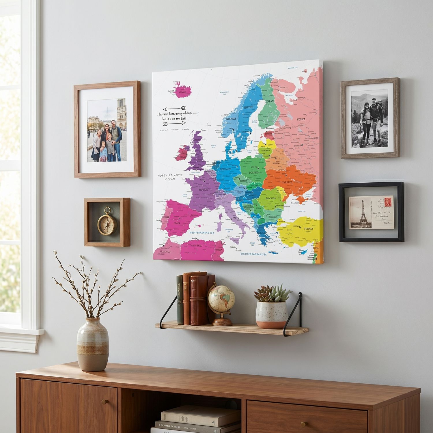 Gallery Wrapped - Colorful Europe Travel Map with Pins - Square