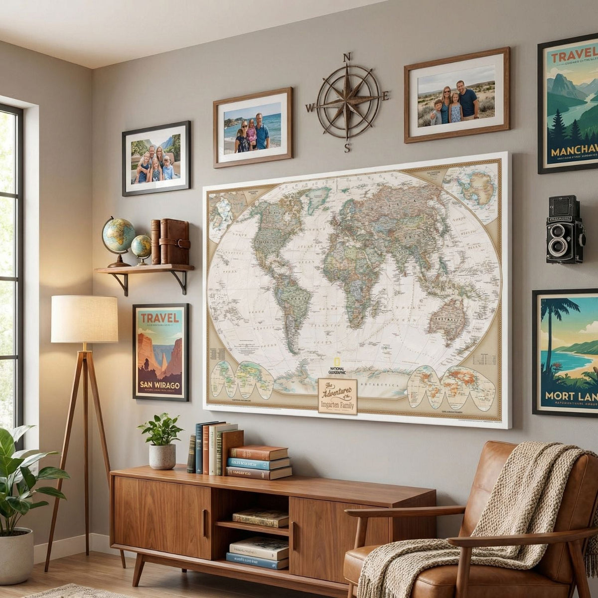 Personalized National Geographic Executive World Travel Map displayed in cozy travel-themed living room gallery wall