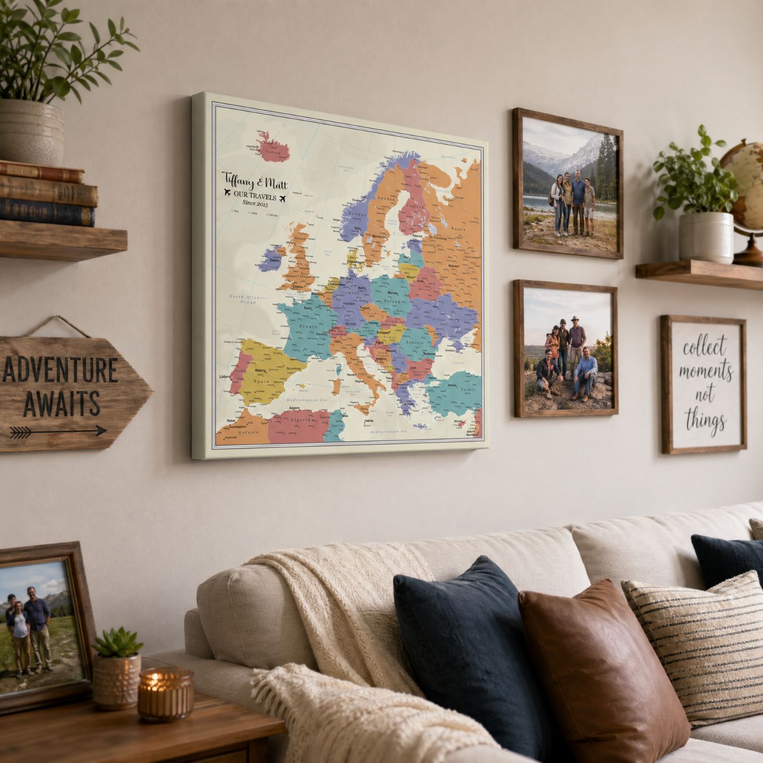 Gallery Wrapped - Tan Oceans Europe Travel Map with Pins - Square Style