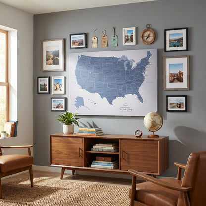Blue Ice USA travel map canvas gallery wall display with framed travel photos and vintage compass decor