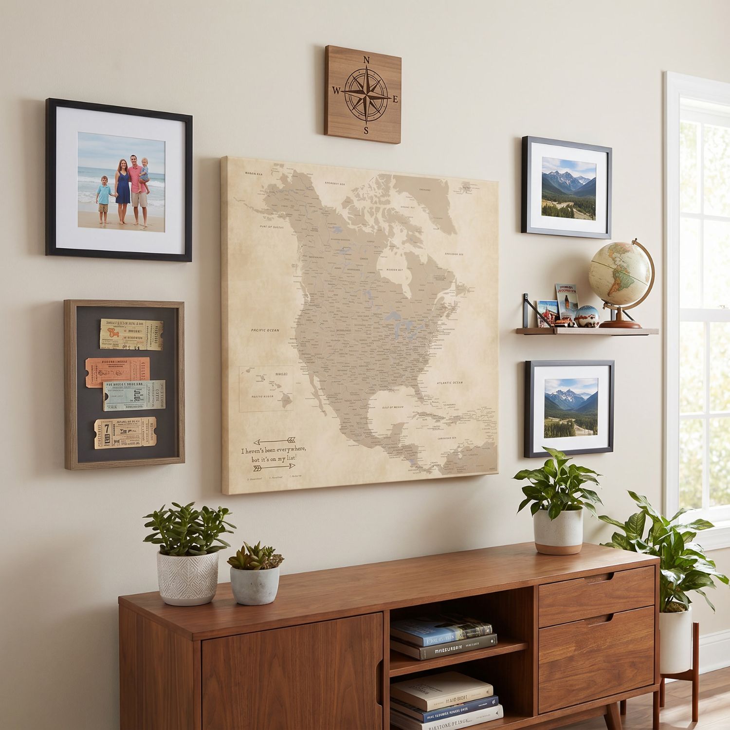 Vintage North America canvas push pin travel map displayed in styled living room gallery wall