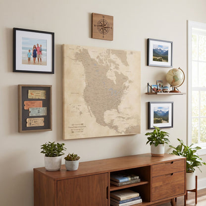 Vintage North America canvas push pin travel map displayed in styled living room gallery wall
