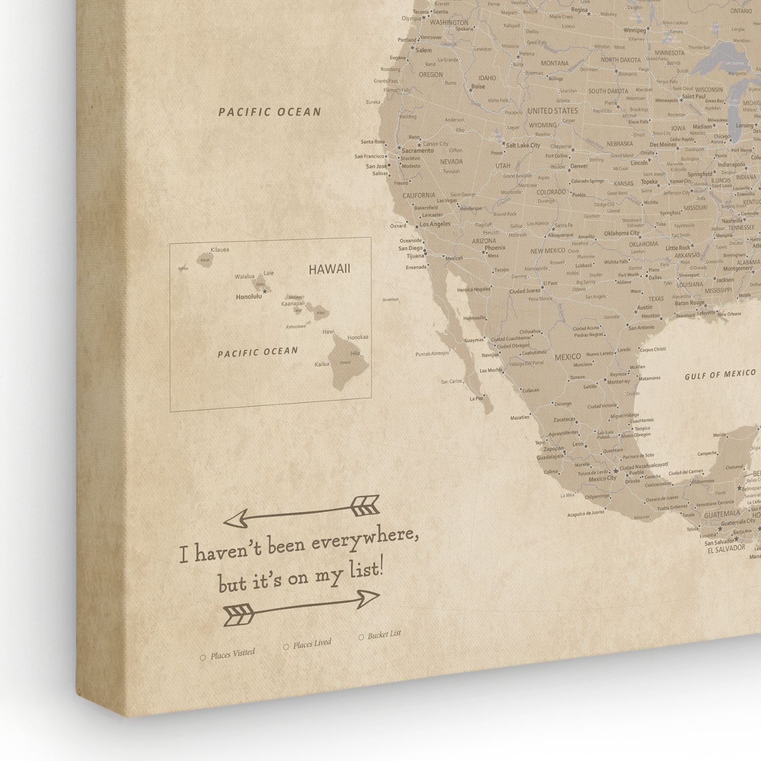 Vintage North America canvas push pin travel map gallery wrapped showing aged sepia tones with quote